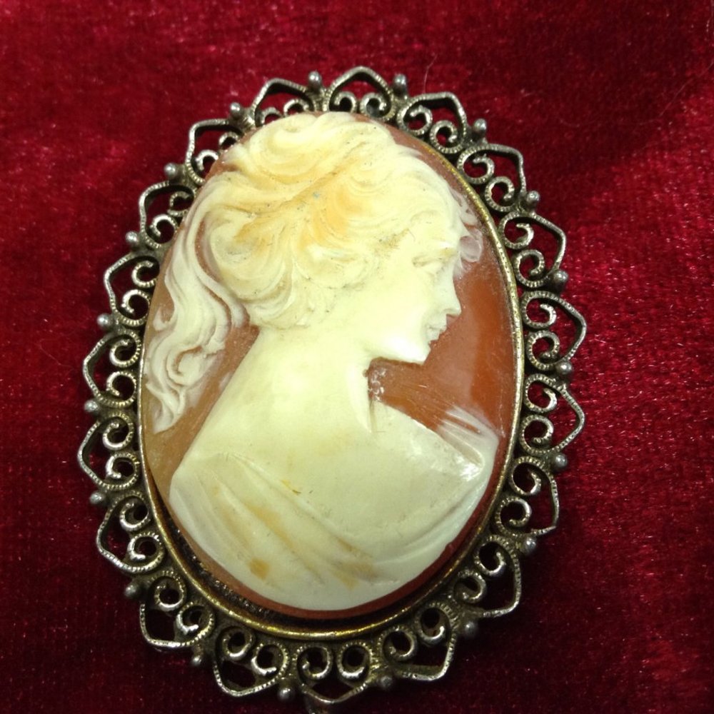 Elegant Art Deco Shell/Bakelite Filigree Carved Cameo Pendant/Brooch Pin 20's-30